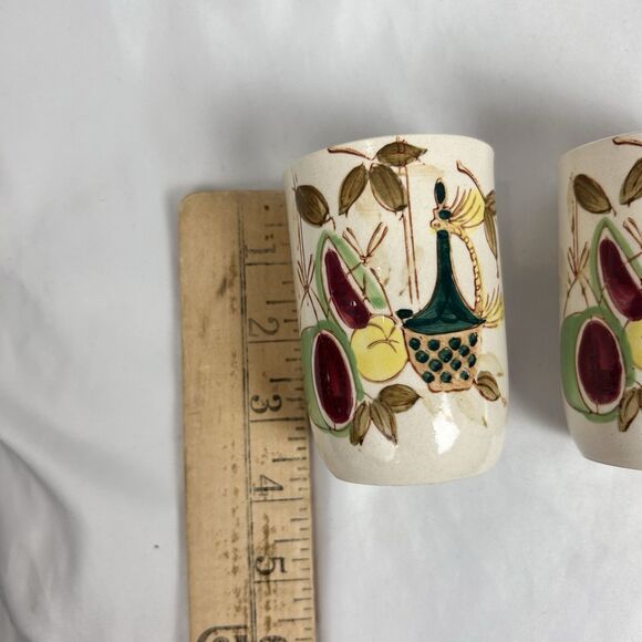 Vtg Hand Painted Ceramic Tumblers Set of 2 Japan Fruit & Pitcher Design 4” - Picture 2 of 5